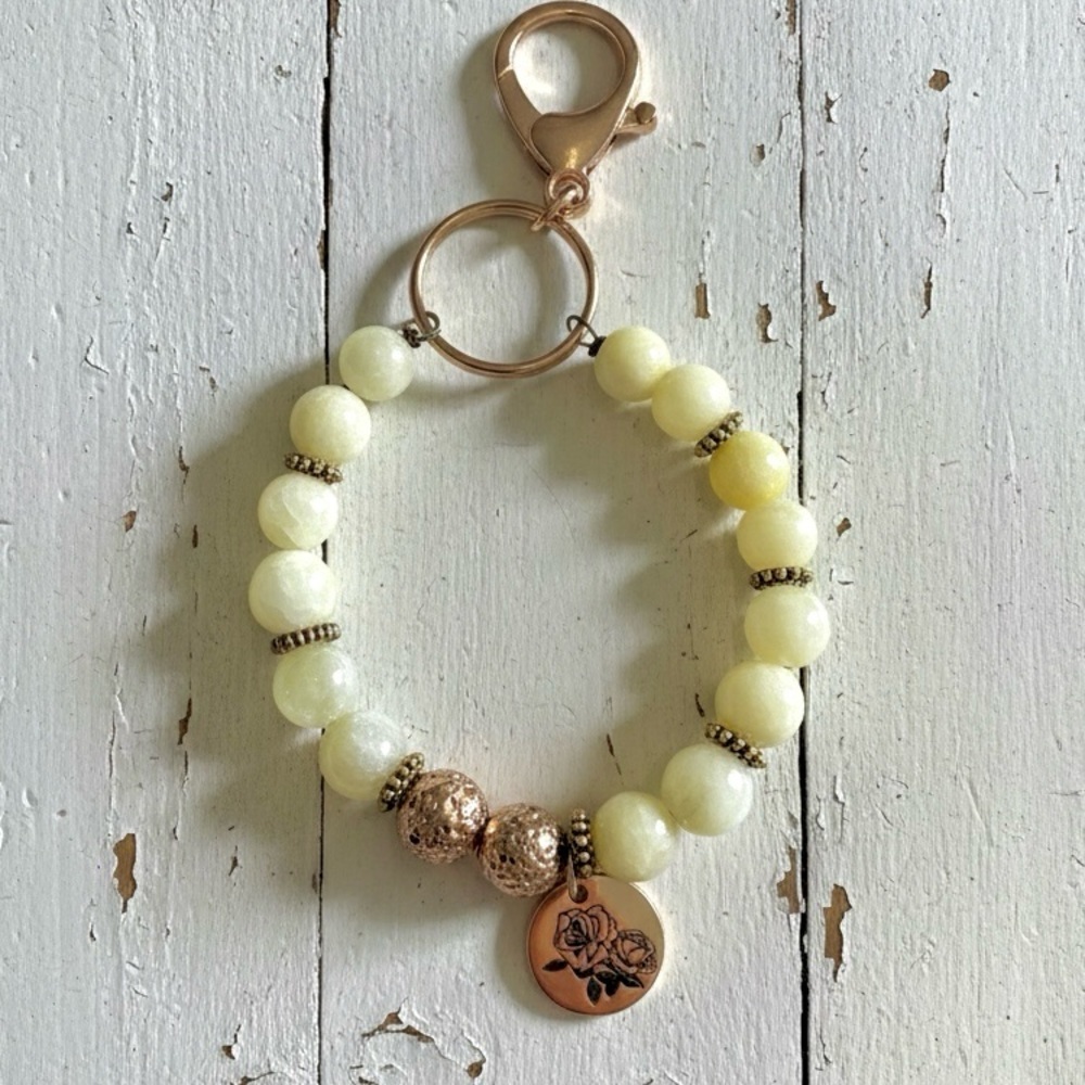 Gold Lava Stone & Lemon Quartz Keychain/ Key Ring with Floral Charm